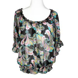 Ariat Blouse Women Large Brown Pastel Paisley Print Peasant Smock Waist Top